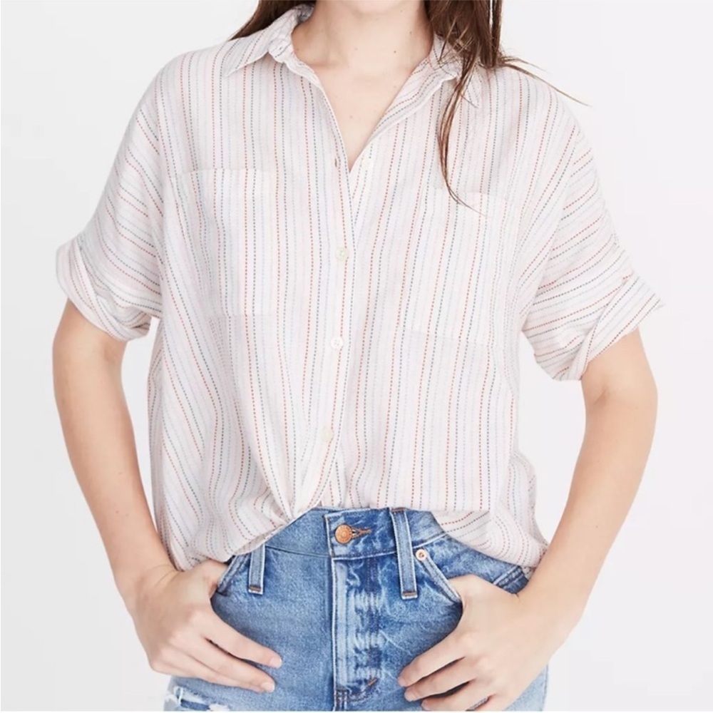 Women’s Short-Sleeve Button Front Stripe Shirt - White with Pastel Stripes